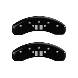 MGP Caliper Covers (FRONT AND REAR): Jeep Wrangler (2003-2006) w/ Black Finish, Silver Characters, JEEP Logo