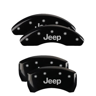 MGP Caliper Covers (FRONT AND REAR): Jeep Wrangler (07-18) / Wrangler JK (18) w/ Black Finish, Silver Characters, JEEP Logo