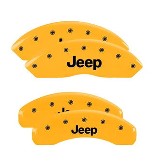 MGP Caliper Covers (FRONT AND REAR): Jeep Wrangler (07-18) / Wrangler JK (18) w/ Yellow Finish, Black Characters, JEEP Logo