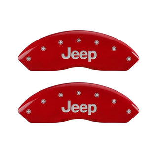 MGP Caliper Covers (FRONT AND REAR): Jeep Wrangler (07-18) / Wrangler JK (18) w/ Red Finish, Silver Characters, JEEP Logo