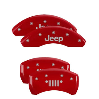 MGP Caliper Covers (FRONT AND REAR): Jeep Wrangler (07-18) / Wrangler JK (18) w/ Red Finish, Silver Characters, JEEP Logo