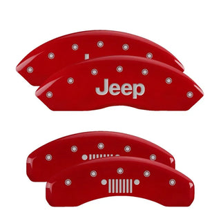 MGP Caliper Covers (FRONT AND REAR): Jeep Wrangler (07-18) / Wrangler JK (18) w/ Red Finish, Silver Characters, JEEP Logo