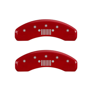MGP Caliper Covers (FRONT AND REAR): Jeep Wrangler (07-18) / Wrangler JK (18) w/ Red Finish, Silver Characters, JEEP Logo