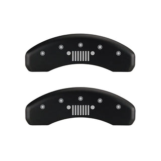 MGP Caliper Covers (FRONT AND REAR): Jeep Wrangler (07-18) / Wrangler JK (18) w/ Red Finish, Silver Characters, JEEP Logo