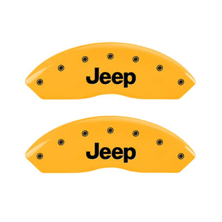 MGP Caliper Covers (FRONT AND REAR): Jeep Wrangler (07-18) / Wrangler JK (18) w/ Yellow Finish, Black Characters, JEEP Logo