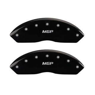 MGP Caliper Covers (FRONT AND REAR): Jeep Wrangler (07-18) / Wrangler JK (18) w/ Black Finish, Silver Characters, MGP Logo