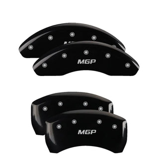 MGP Caliper Covers (FRONT AND REAR): Jeep Wrangler (07-18) / Wrangler JK (18) w/ Black Finish, Silver Characters, MGP Logo