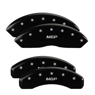 MGP Caliper Covers (FRONT AND REAR): Jeep Wrangler (07-18) / Wrangler JK (18) w/ Black Finish, Silver Characters, MGP Logo