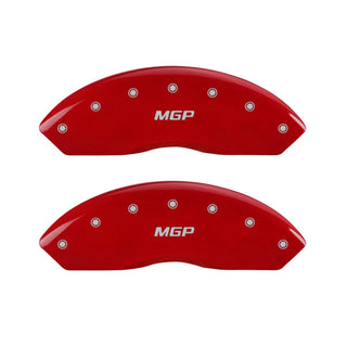 MGP Caliper Covers (FRONT AND REAR): Jeep Wrangler (07-18) / Wrangler JK (18) w/ Red Finish, Silver Characters, MGP Logo
