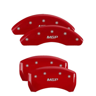 MGP Caliper Covers (FRONT AND REAR): Jeep Wrangler (07-18) / Wrangler JK (18) w/ Red Finish, Silver Characters, MGP Logo