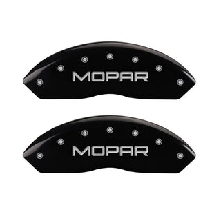 MGP Caliper Covers (FRONT AND REAR): Jeep Wrangler (07-18) / Wrangler JK (18) w/ Black Finish, Silver Characters, MOPAR Logo