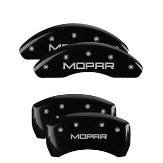 MGP Caliper Covers (FRONT AND REAR): Jeep Wrangler (07-18) / Wrangler JK (18) w/ Black Finish, Silver Characters, MOPAR Logo