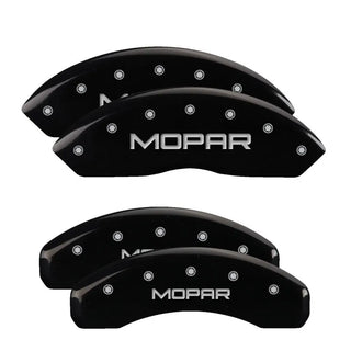 MGP Caliper Covers (FRONT AND REAR): Jeep Wrangler (07-18) / Wrangler JK (18) w/ Black Finish, Silver Characters, MOPAR Logo