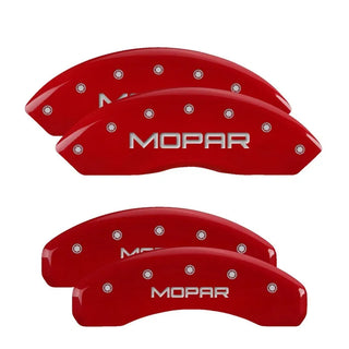 MGP Caliper Covers (FRONT AND REAR): Jeep Wrangler (07-18) / Wrangler JK (18) w/ Red Finish, Silver Characters, MOPAR Logo