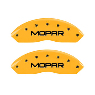 MGP Caliper Covers (FRONT AND REAR): Jeep Wrangler (07-18) / Wrangler JK (18) w/ Yellow Finish, Black Characters, MOPAR Logo