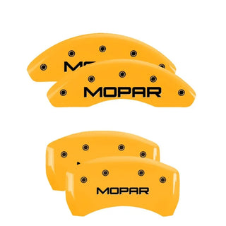 MGP Caliper Covers (FRONT AND REAR): Jeep Wrangler (07-18) / Wrangler JK (18) w/ Yellow Finish, Black Characters, MOPAR Logo