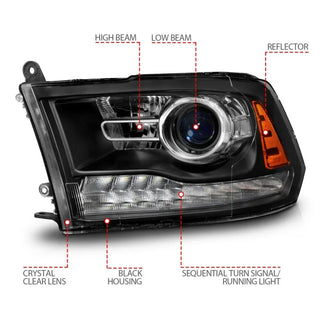 ANZO Sequential LED Plank Headlights (PAIR): Fits Dodge / Ram (02-18) - Matte Black