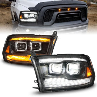 ANZO Full LED Projector Headlights w/ Switchback Light Bar (Black): Fits Dodge Ram (02-18)