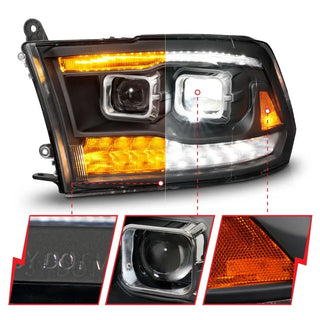 ANZO Full LED Projector Headlights w/ Switchback Light Bar (Black): Fits Dodge Ram (02-18)