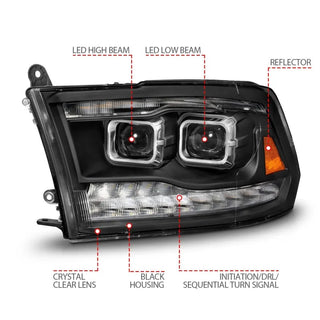 ANZO Full LED Projector Headlights w/ Switchback Light Bar (Black): Fits Dodge Ram (02-18)