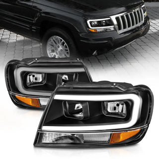 ANZO Crystal Headlights w/ Light Bar (Black): Jeep Grand Cherokee 1999 - 2004