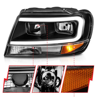 ANZO Crystal Headlights w/ Light Bar (Black): Jeep Grand Cherokee 1999 - 2004