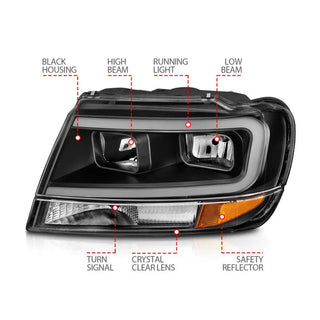 ANZO Crystal Headlights w/ Light Bar (Black): Jeep Grand Cherokee 1999 - 2004