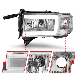 ANZO Crystal Headlights w/ Light Bar (Chrome): Dodge Ram 1994 - 2002 (1500, 2500, 3500)