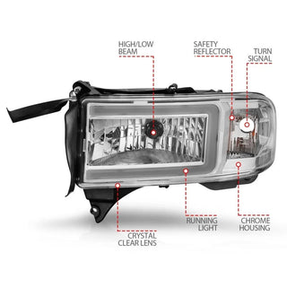 ANZO Crystal Headlights w/ Light Bar (Chrome): Dodge Ram 1994 - 2002 (1500, 2500, 3500)