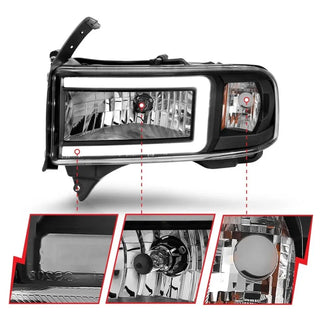 ANZO Crystal Headlights w/ Light Bar (Black): Dodge Ram 1994 - 2002 (1500, 2500, 3500)