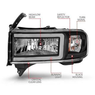ANZO Crystal Headlights w/ Light Bar (Black): Dodge Ram 1994 - 2002 (1500, 2500, 3500)