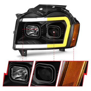 ANZO Projector Headlights w/ Light Bar Switchback (Black): Jeep Grand Cherokee 2005 - 2007