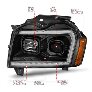 ANZO Projector Headlights w/ Light Bar Switchback (Black): Jeep Grand Cherokee 2005 - 2007