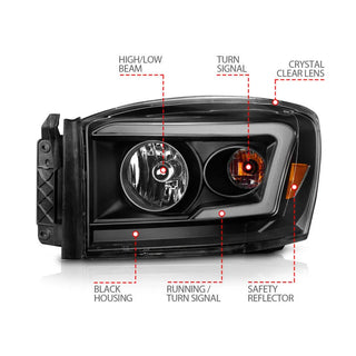 Anzo Headlights w/Switchback Light Bars (Black): Dodge Ram 2006 - 2009 (1500, 2500, 3500)
