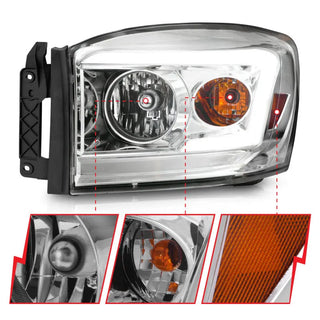 Anzo Headlights w/Light Bars (Chrome): Dodge Ram 2006 - 2009 (1500, 2500, 3500)