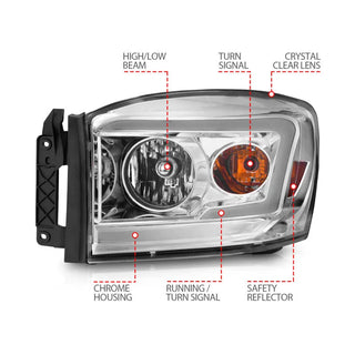 Anzo Headlights w/Light Bars (Chrome): Dodge Ram 2006 - 2009 (1500, 2500, 3500)