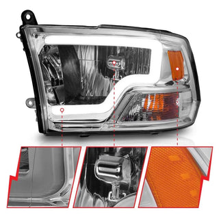 ANZO Crystal Headlights w/ Light Bar (Chrome): Dodge Ram 2009 - 2018 (1500, 2500, 3500)