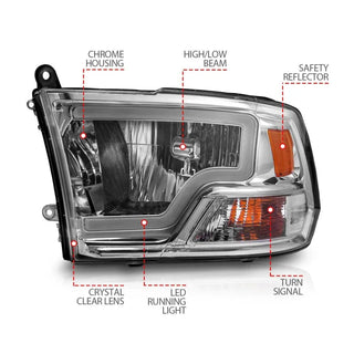 ANZO Crystal Headlights w/ Light Bar (Chrome): Dodge Ram 2009 - 2018 (1500, 2500, 3500)