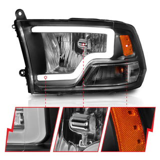 ANZO Crystal Headlights w/ Light Bar (Black): Dodge Ram 2009 - 2018 (1500, 2500, 3500)