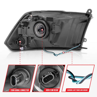 ANZO Crystal Headlights w/ Light Bar (Black): Dodge Ram 2009 - 2018 (1500, 2500, 3500)