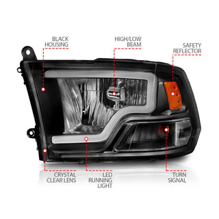 ANZO Crystal Headlights w/ Light Bar (Black): Dodge Ram 2009 - 2018 (1500, 2500, 3500)