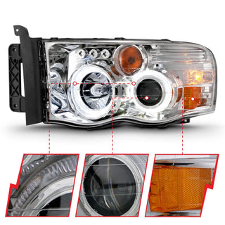 ANZO Projector Headlights w/ Halo (Chrome): Dodge Ram 1500 2002 - 2005