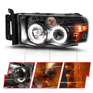 ANZO Projector Headlights w/ Halo (Black): Dodge Ram 1500 2002 - 2005