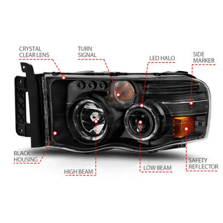 ANZO Projector Headlights w/ Halo (Black): Dodge Ram 1500 2002 - 2005