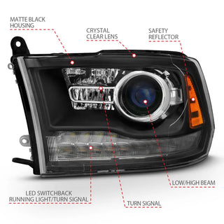 ANZO LED Projector Headlights Plank Style Switchback w/ Halo: Fits most Dodge Ram Models