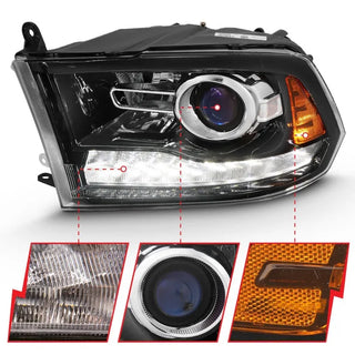 ANZO Projector Headlights Plank Style Switchback w/ Halo (Black): Dodge Ram 1500 2009 - 2018