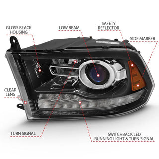 ANZO Projector Headlights Plank Style Switchback w/ Halo (Black): Dodge Ram 1500 2009 - 2018