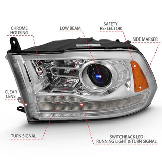 ANZO Projector Headlights Plank Style Switchback w/ Halo (Chrome): Dodge Ram 1500 2009 - 2018