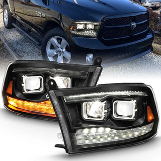 ANZO LED Projector Headlights Plank Style Switchback w/ Halo (Black): Dodge Ram 1500 2009 - 2018
