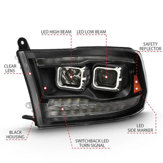 ANZO LED Projector Headlights Plank Style Switchback w/ Halo (Black): Dodge Ram 1500 2009 - 2018